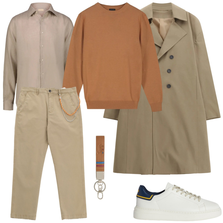 Outfit uomo - Eleganza Desertica. Stile Business/Elegante per Ufficio. Abbinamento con sneakers, portachiavi, trench, pantaloni, maglieria, camicie.