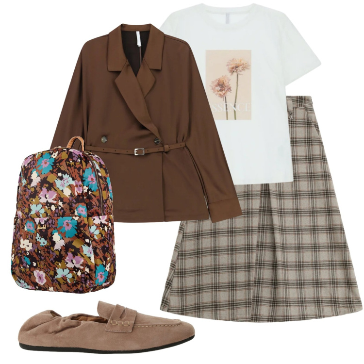 Outfit donna - Zaino a fiori per omaggio alla primavera. Stile Urban per Scuola/Università. Abbinamento con valigie, blazer, t-shirt, gonne longuette, mocassini.