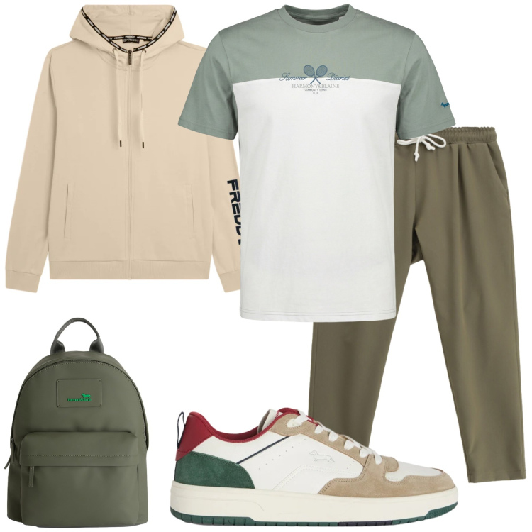 Outfit uomo - Outdoor Relax. per Sport. Abbinamento con sneakers, t-shirt, borse sportive, pantaloni sportivi, felpe con cappuccio.