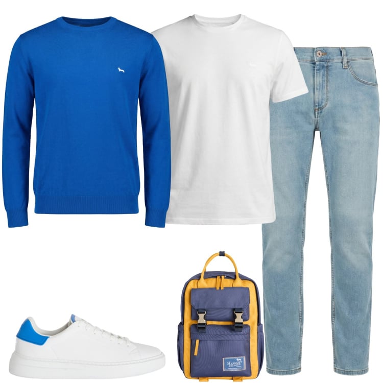 Outfit uomo - Blue Horizon. Stile Trendy per Tutti i giorni. Abbinamento con jeans slim fit, t-shirt, sneakers, borse sportive, pullovers.