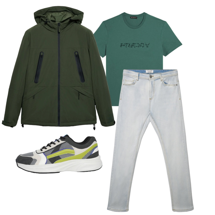 Outfit uomo - Marzo. Stile Urban per Tutti i giorni. Abbinamento con giacche, sneakers, jeans skinny, t-shirt.