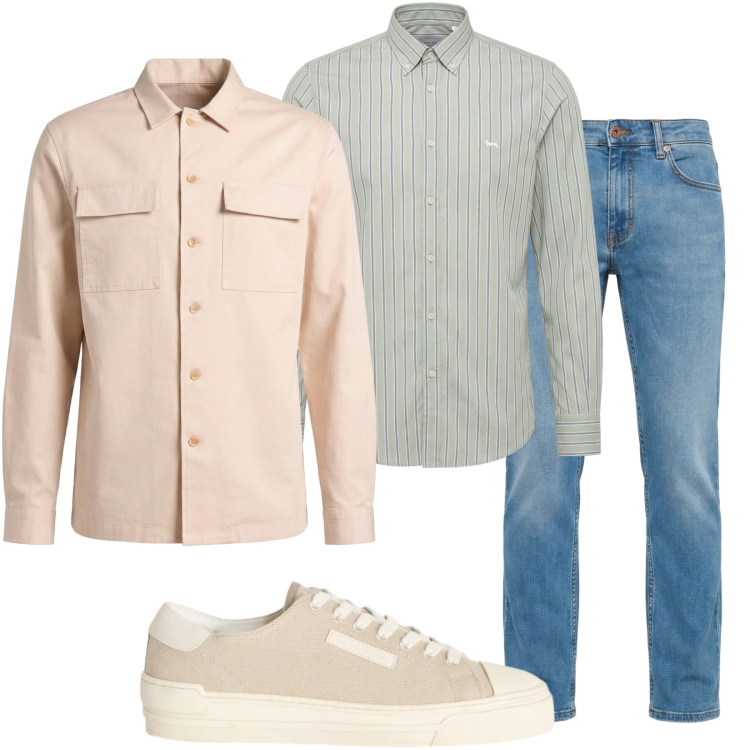 Outfit uomo - Look primaverile. Stile Casual per Tutti i giorni. Abbinamento con sneakers, camicie, jeans, cappotti.