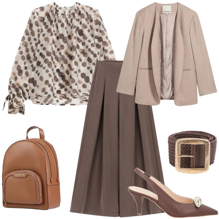 Outfit donna - Eleganza in ufficio. Stile Casual per Tutti i giorni. Abbinamento con zaini, décolleté, blazer, cinture, pantaloni a palazzo, bluse.