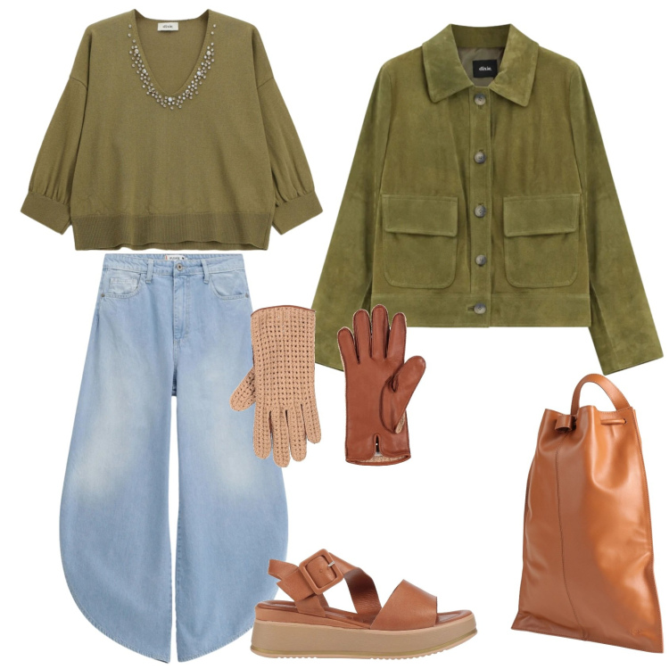 Outfit donna - Fashion grass. Stile Casual chic per Tutti i giorni. Abbinamento con guanti, zaini, sandali in pelle, giacche, maglieria, jeans.