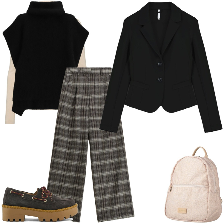 Outfit donna - Comoda sempre. Stile Casual per Tutti i giorni. Abbinamento con zaini, maglieria, blazer, pantaloni a palazzo, maglieria, mocassini.