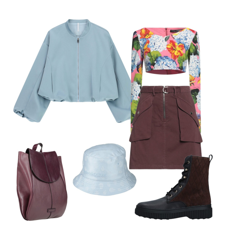 Outfit donna - Total look #2362998. Stile Casual per Tutti i giorni. Abbinamento con stivaletti, minigonne, top, zaini, cappelli, bomber.