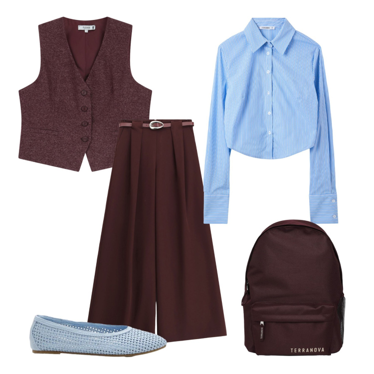 Outfit donna - Contrasti moderni. Stile Casual chic per Scuola/Università. Abbinamento con ballerine, camicie, zaini, pantaloni a palazzo, gilet.