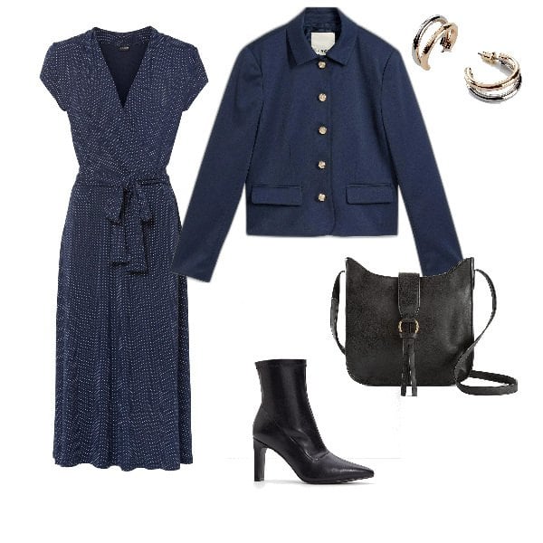 Outfit femme - marine classe. Style Glamour pour Soirée dehors. Assortir avec robes longues, blazers, sacs en bandoulière, boucles d'oreilles, bottines.