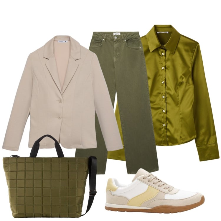 Outfit donna - Verde oliva un colore eclettico. Stile Casual chic per Tutti i giorni. Abbinamento con shopping bag, sneakers, jeans, blazer, camicie.