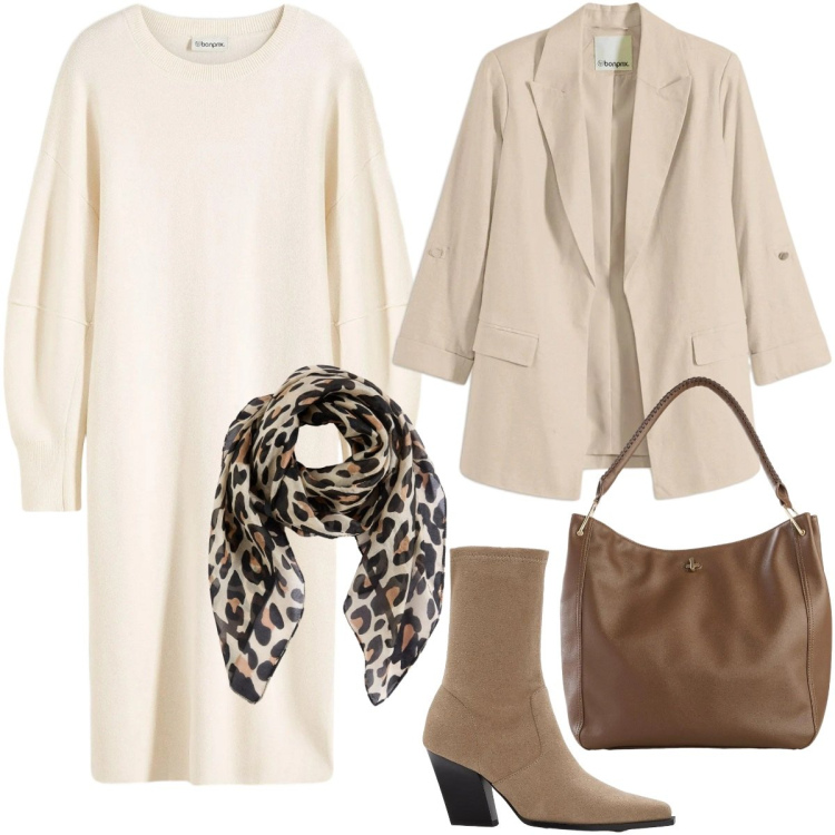 Outfit donna - Abiti che si muovono con te - Curvy. Stile Casual chic per Ufficio. Abbinamento con vestiti, foulard, borse a tracolla, stivaletti, blazer.