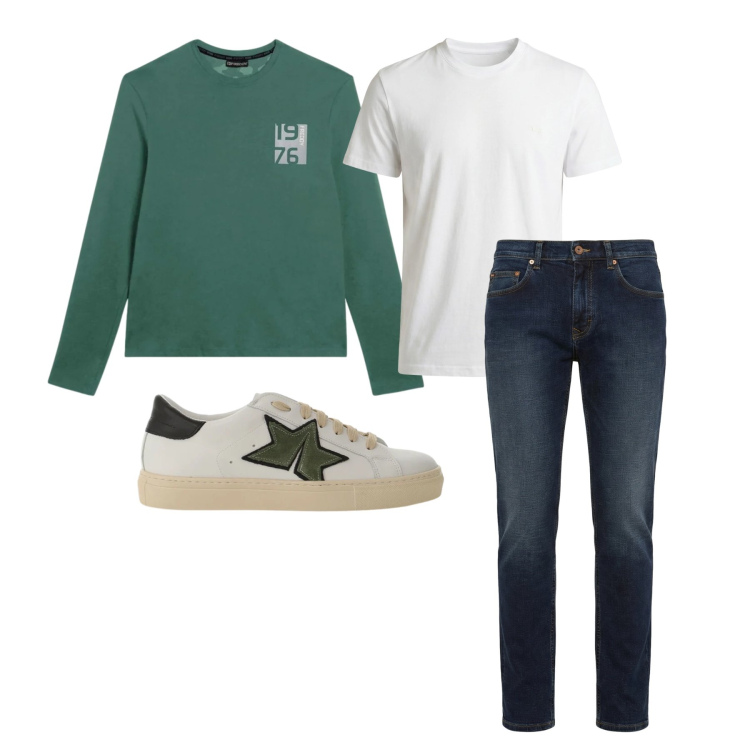 Outfit uomo - Marzo. Stile Trendy per Tutti i giorni. Abbinamento con sneakers, jeans, t-shirt, t-shirt.