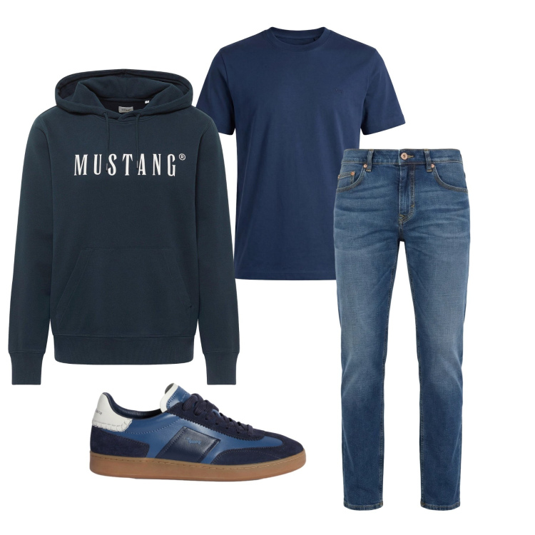 Outfit uomo - Marzo. Stile Urban per Tutti i giorni. Abbinamento con felpe con cappuccio, sneakers, jeans, t-shirt.