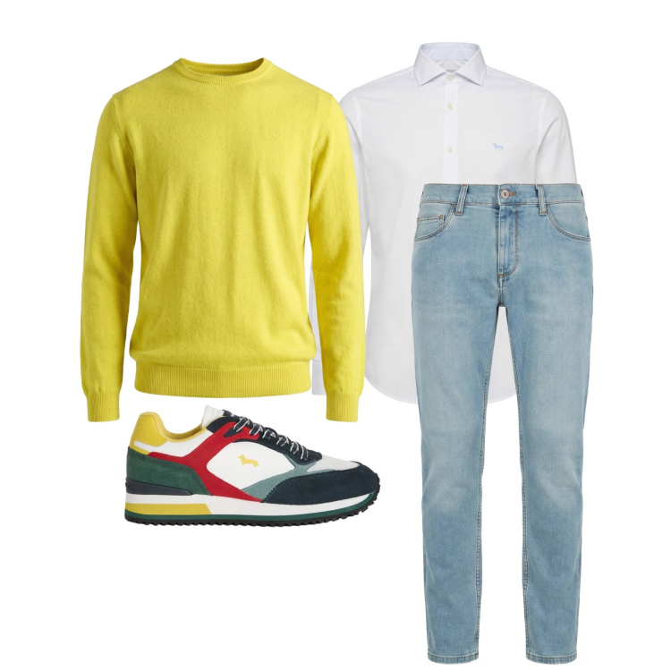 Outfit uomo - Marzo. Stile Trendy per Tutti i giorni. Abbinamento con jeans slim fit, sneakers, maglieria, camicie.