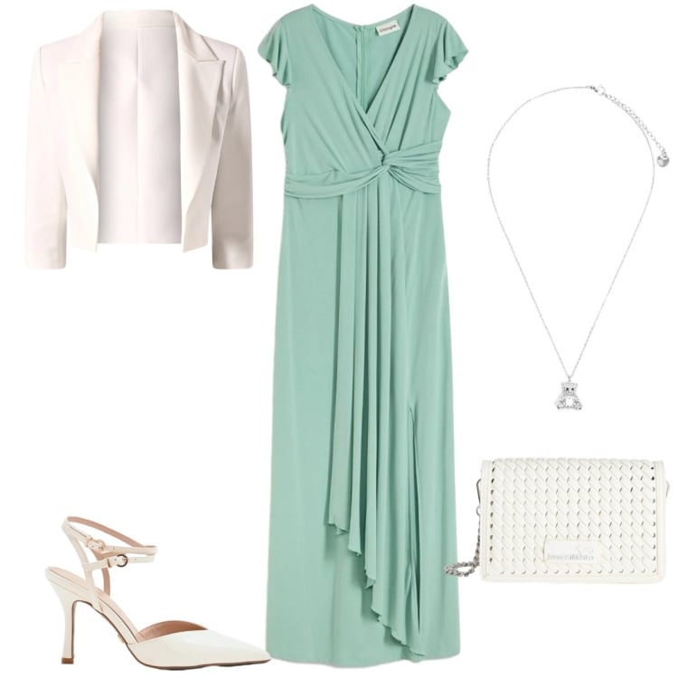 Outfit donna - Stile romantico primaverile - Curvy. Stile Romantica per Cerimonia. Abbinamento con vestiti lunghi, borse a tracolla, ciondoli, blazer, décolleté.