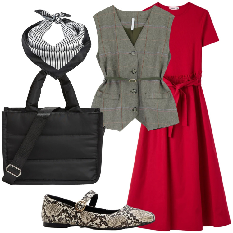 Outfit donna - Ballerine stampa rettile. Stile Urban per Scuola/Università. Abbinamento con foulard, ballerine, shopping bag, vestiti lunghi, gilet.