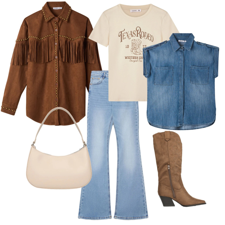 Outfit donna - Rodeo urbano. Stile Etnico per Tutti i giorni. Abbinamento con camicie a manica corta, camicie, t-shirt, stivali, jeans a zampa, borse a tracolla.