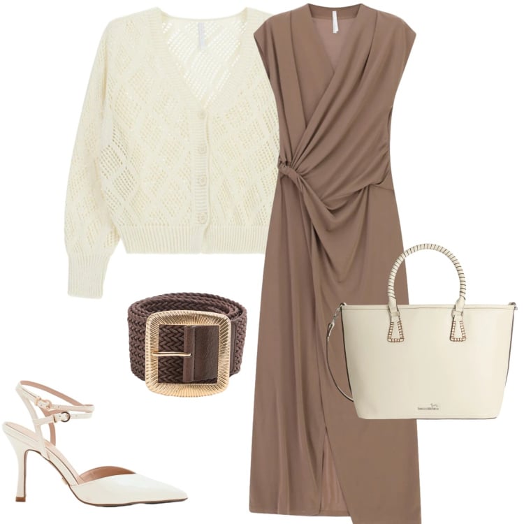 Outfit donna - Tessuti leggeri. Stile Chic per Serata fuori. Abbinamento con shopping bag, cinture, vestiti lunghi, cardigans, décolleté.