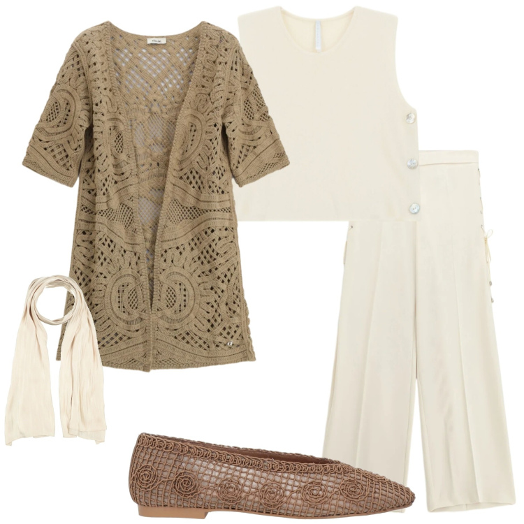 Outfit donna - Stile romantico primaverile. Stile Romantica per Tutti i giorni. Abbinamento con ballerine, sciarpe, top, pantaloni, cardigans.