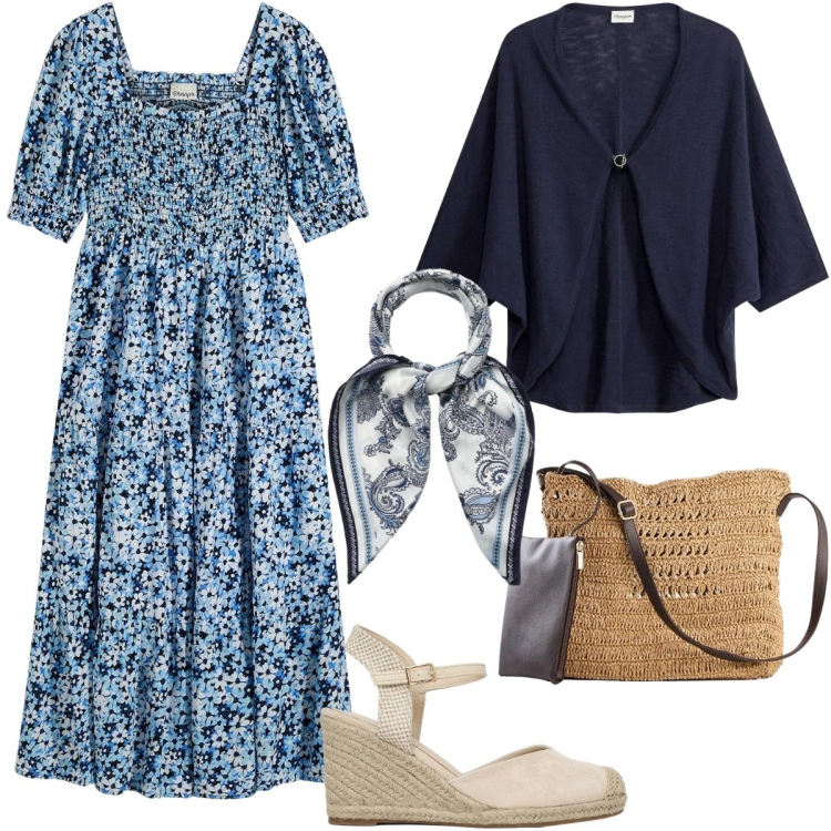 Outfit donna - Stile romantico primaverile - Curvy. Stile Romantica per Tutti i giorni. Abbinamento con vestiti midi/longuette, borse a tracolla, cardigans, foulard, zeppe.