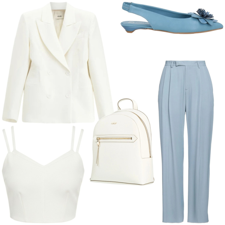 Outfit donna - Come mi vesto a marzo. Stile Chic per Tutti i giorni. Abbinamento con pantaloni, zaini, ballerine, blazer, top.