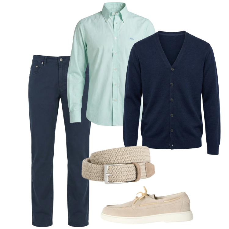 Outfit uomo - Classico di primavera. Stile Casual per Tutti i giorni. Abbinamento con scarpe stringate, cinture, pantaloni, camicie, cardigans.