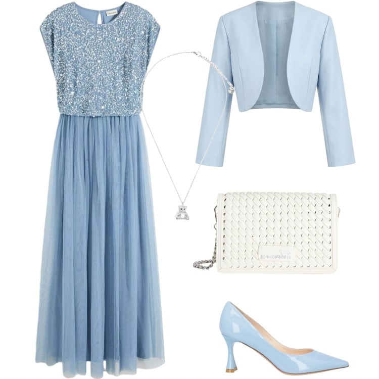 Outfit donna - Stile romantico primaverile - curvy. Stile Romantica per Cerimonia. Abbinamento con décolleté, vestiti lunghi, borse a tracolla, ciondoli, bolero.