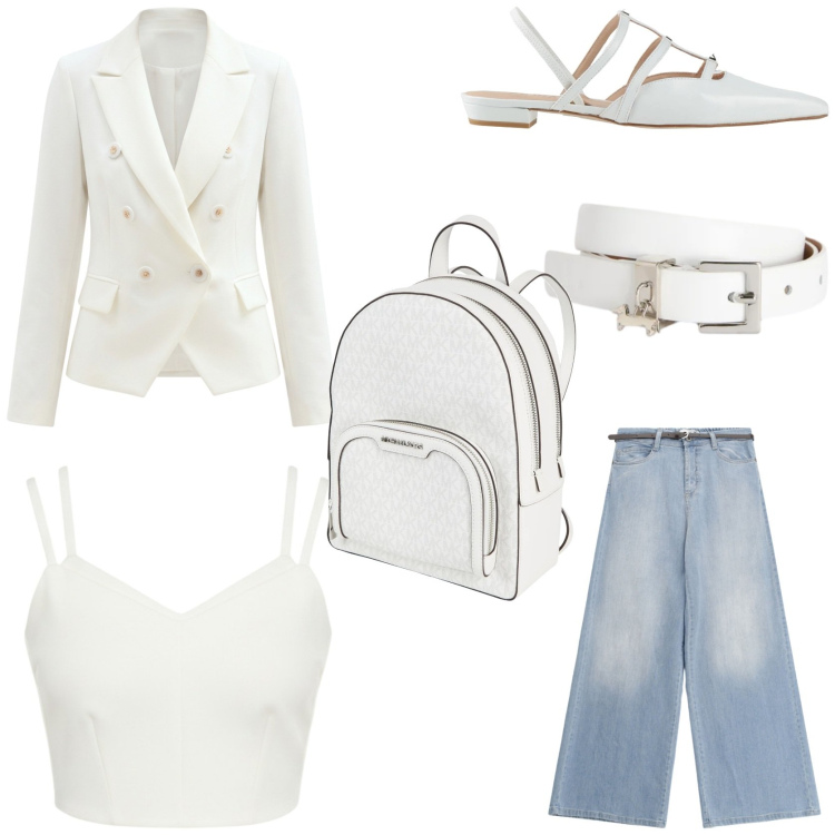 Outfit donna - Denim style. Stile Casual chic per Tutti i giorni. Abbinamento con zaini, ballerine, cinture, jeans, blazer, top.