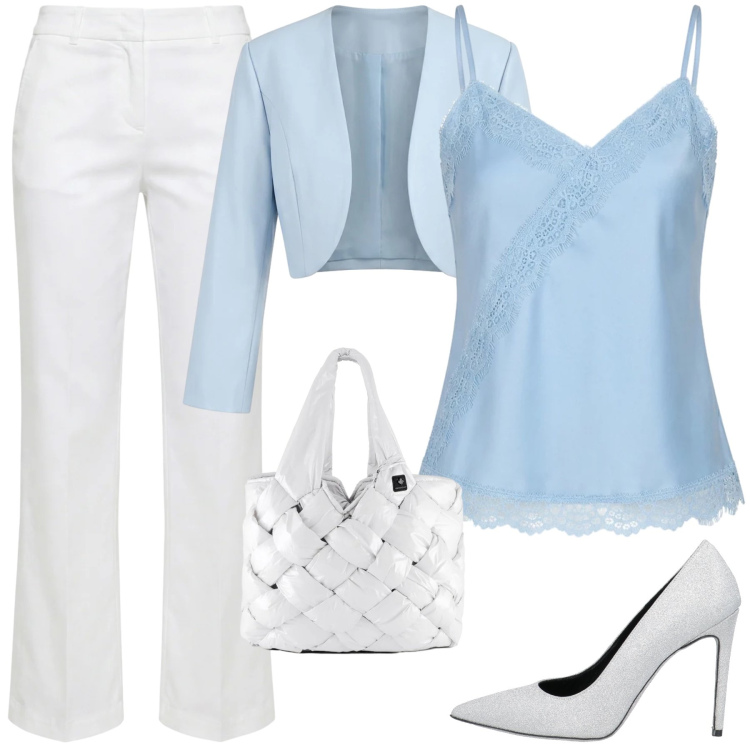 Outfit donna - Sinfonia Celeste di Primavera. Stile Romantica per Cerimonia. Abbinamento con décolleté, pantaloni, bolero, canottiere, borse tote.