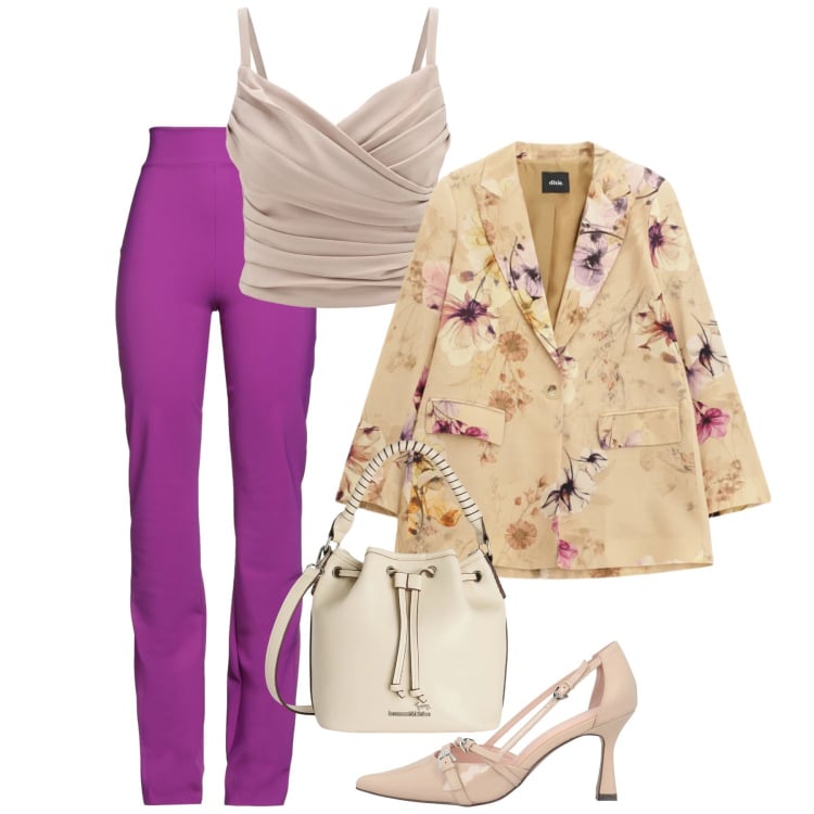 Outfit donna - Marzo. Stile Chic per Cerimonia. Abbinamento con leggings, décolleté, borse a secchiello, blazer, canottiere.