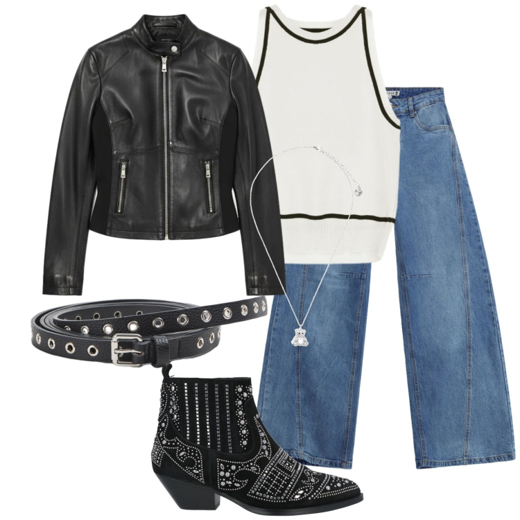 Outfit donna - Giacchino in ecopelle. Stile Rock per Scuola/Università. Abbinamento con stivaletti, cinture, top, ciondoli, jeans, giacche.