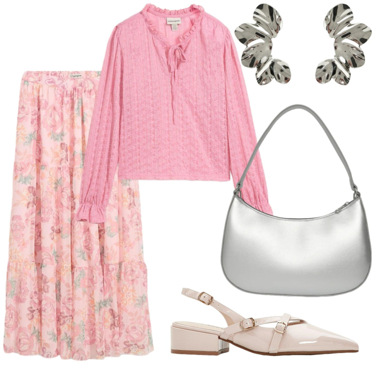 Outfit donna - Total look #2363065. Stile Romantica per Tutti i giorni. Abbinamento con décolleté, gonne lunghe, bluse, borse a tracolla, orecchini.