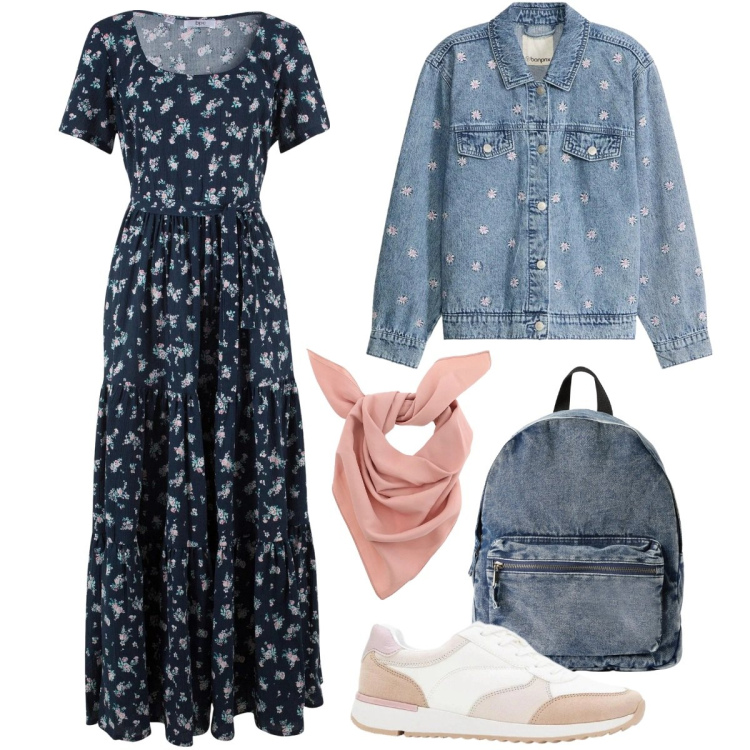Outfit donna - Stile romantico primaverile - curvy. Stile Romantica per Tutti i giorni. Abbinamento con vestiti lunghi, cappotti, sneakers, zaini, foulard.