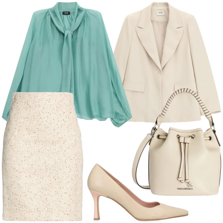 Outfit donna - Total look #2363071. Stile Bon Ton per Ufficio. Abbinamento con décolleté, minigonne, borse a secchiello, blazer, bluse.