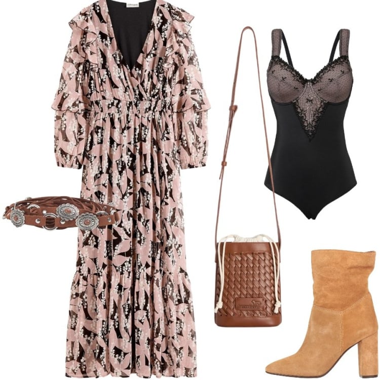 Outfit donna - Serata romantica. Stile Boho per Serata fuori. Abbinamento con stivaletti, vestiti, body, borse a secchiello, cinture.