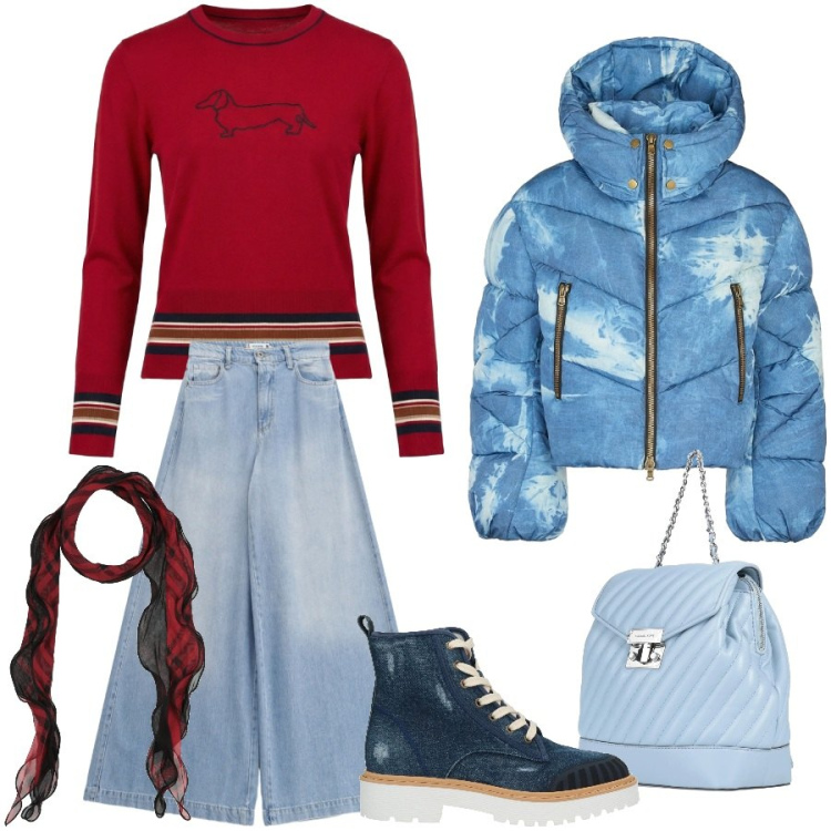 Outfit donna - Contrasto casual ma sofisticato. Stile Casual chic per Tutti i giorni. Abbinamento con stivaletti, zaini, sciarpe, maglieria, jeans, piumini.