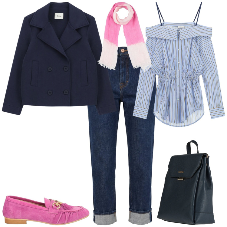 Outfit donna - Trendy ufficio tempo libero. Stile Trendy per Ufficio. Abbinamento con zaini, mocassini, sciarpe, jeans, camicie, blazer.