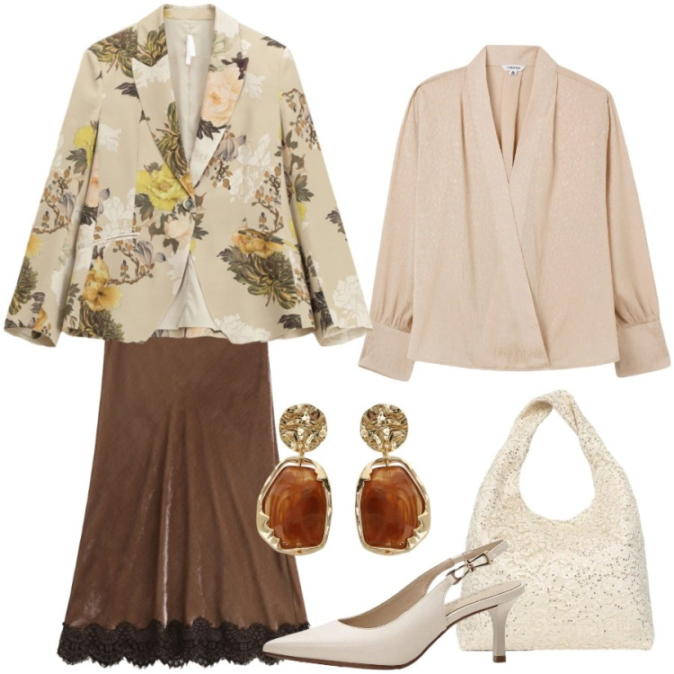 Outfit donna - Total look #2363087. Stile Romantica per Cerimonia. Abbinamento con décolleté, bluse, borse a spalla, blazer, gonne lunghe, orecchini.