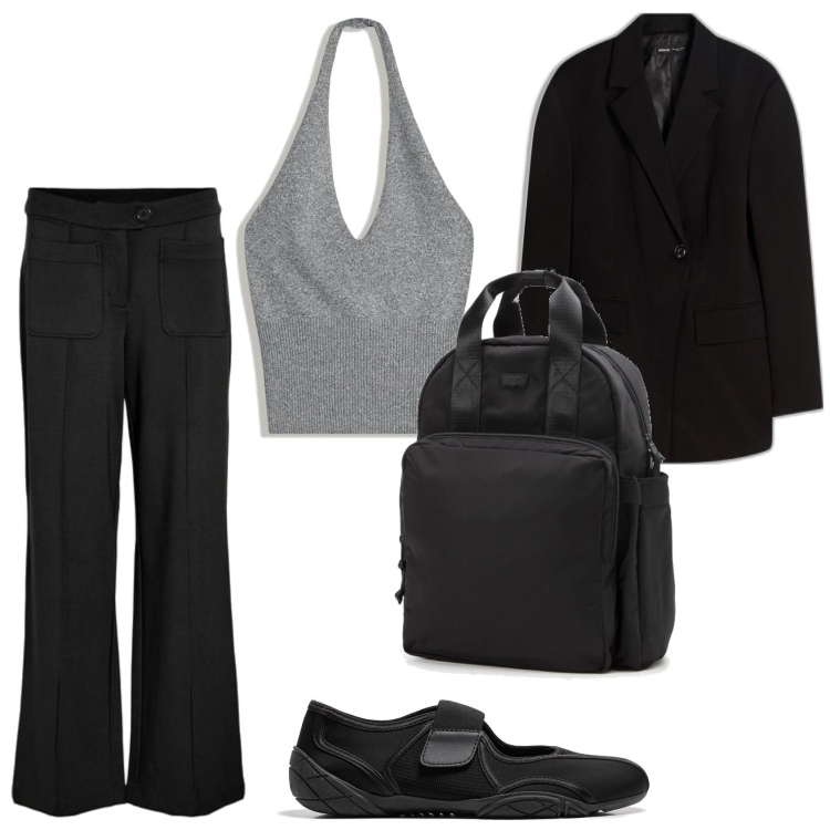 Outfit mujer - Urban look. Estilo Urban para Todos los días. Combinación con mochilas, top, bailarinas, pantalones, blazers.