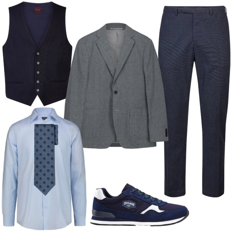 Outfit uomo - Luca: riunione con il capo. Stile Business/Elegante per Ufficio. Abbinamento con sneakers, pantaloni, gilet, giacche, cravatte, camicie.
