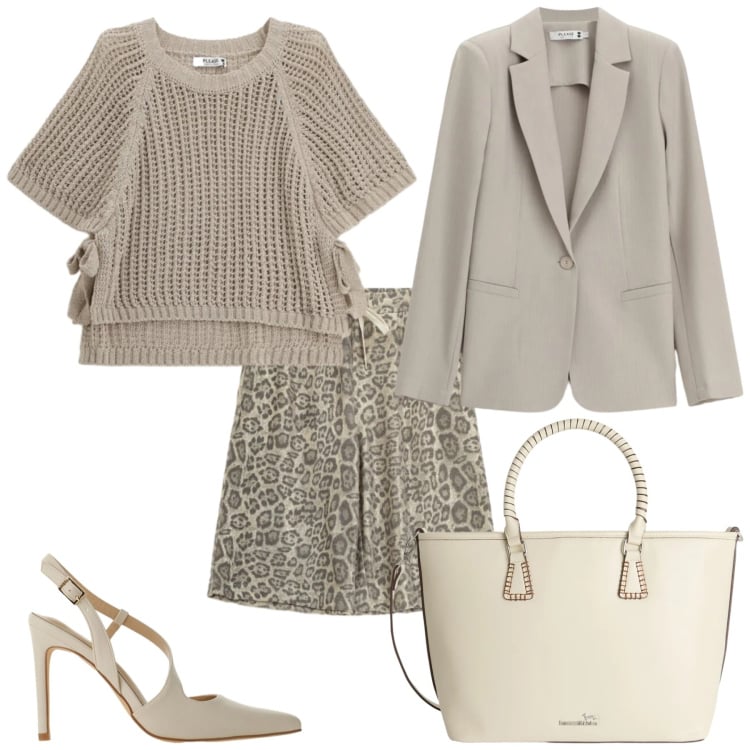 Outfit donna - Crema in primavera. Stile Casual chic per Tutti i giorni. Abbinamento con shopping bag, décolleté, top, blazer, bermuda.