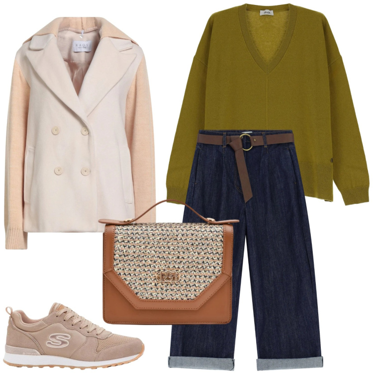 Outfit donna - I giardini di Marzo. Stile Casual per Tutti i giorni. Abbinamento con caban, sneakers, maglieria, jeans, pochette.