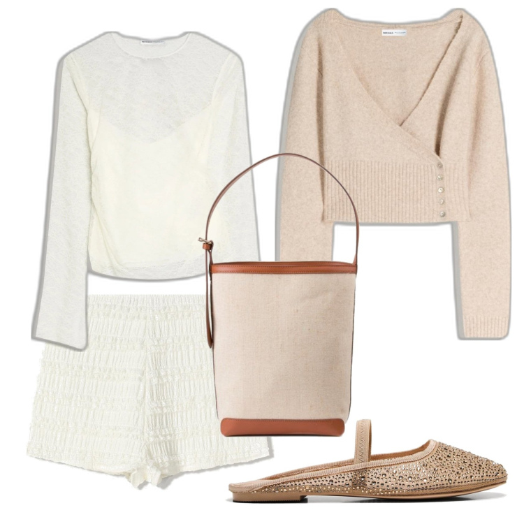 Outfit mujer - Romantica. Estilo Romántica para Todos los días. Combinación con bolsos saco, shorts, cárdigans, bailarinas, camiseta.