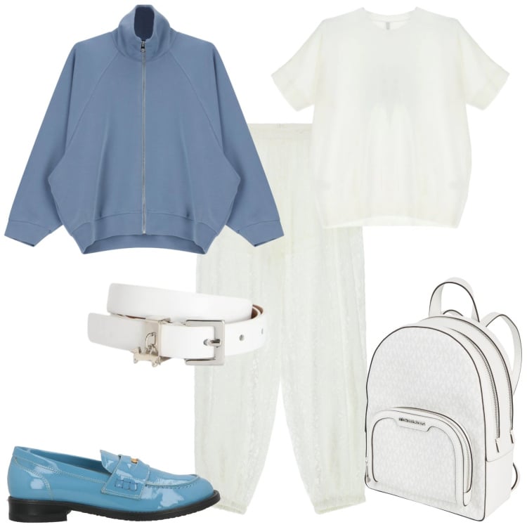 Outfit donna - Sporty chic ufficio tempo libero. Stile Sporty chic per Tutti i giorni. Abbinamento con zaini, mocassini, cinture, t-shirt, pantaloni a palazzo, felpe.