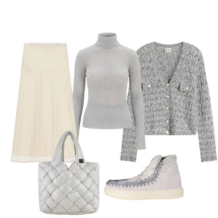 Outfit donna - Grigio perla per la Primavera. Stile Minimal per Tutti i giorni. Abbinamento con stivaletti, cardigans, gonne lunghe, maglieria, borse tote.
