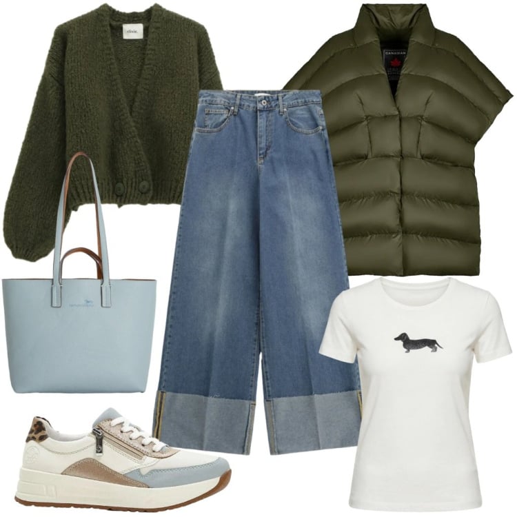 Outfit donna - Fede: ultimi giorni freddi. Stile Urban per Tutti i giorni. Abbinamento con sneakers, t-shirt, shopping bag, piumini, cardigans, jeans.