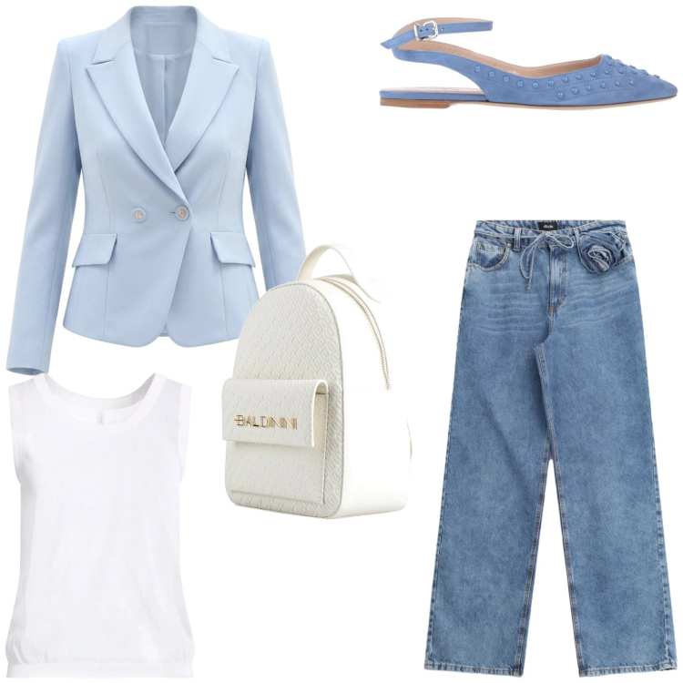 Outfit donna - Denim mania. Stile Casual chic per Tutti i giorni. Abbinamento con ballerine, zaini, top, jeans, blazer.