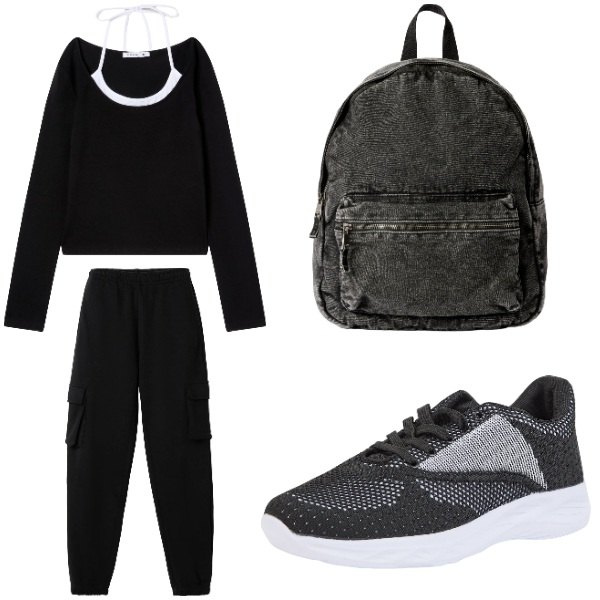 Outfit donna - Sport all\'aria aperta!. Stile Sporty chic per Sport. Abbinamento con sneakers, zaini, pantaloni, t-shirt.