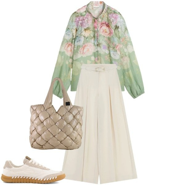 Outfit donna - Morbidezza floreale. Stile Romantica per Ufficio. Abbinamento con bluse, pantaloni a palazzo, borse tote, sneakers.