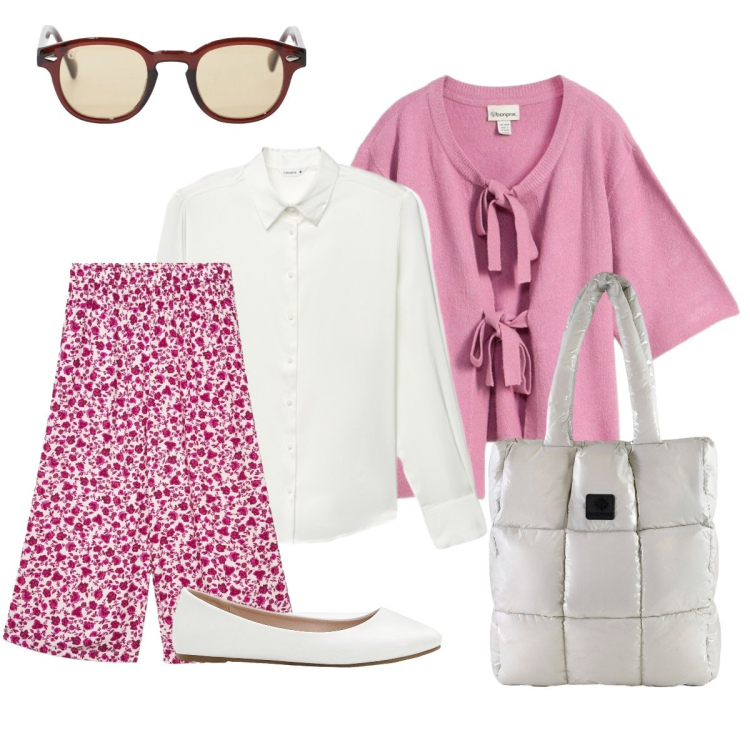 Outfit donna - Elegante in bianco e rosa. Stile Romantica per Tutti i giorni. Abbinamento con ballerine, cardigans, pantaloni a palazzo, camicie, occhiali da sole, shopping bag.