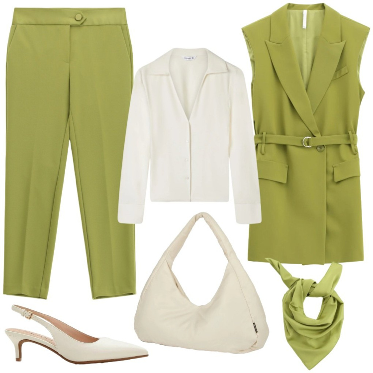 Outfit donna - Samantha: verde ufficio. Stile Chic per Ufficio. Abbinamento con décolleté, camicie, gilet, pantaloni, foulard, borse a spalla.